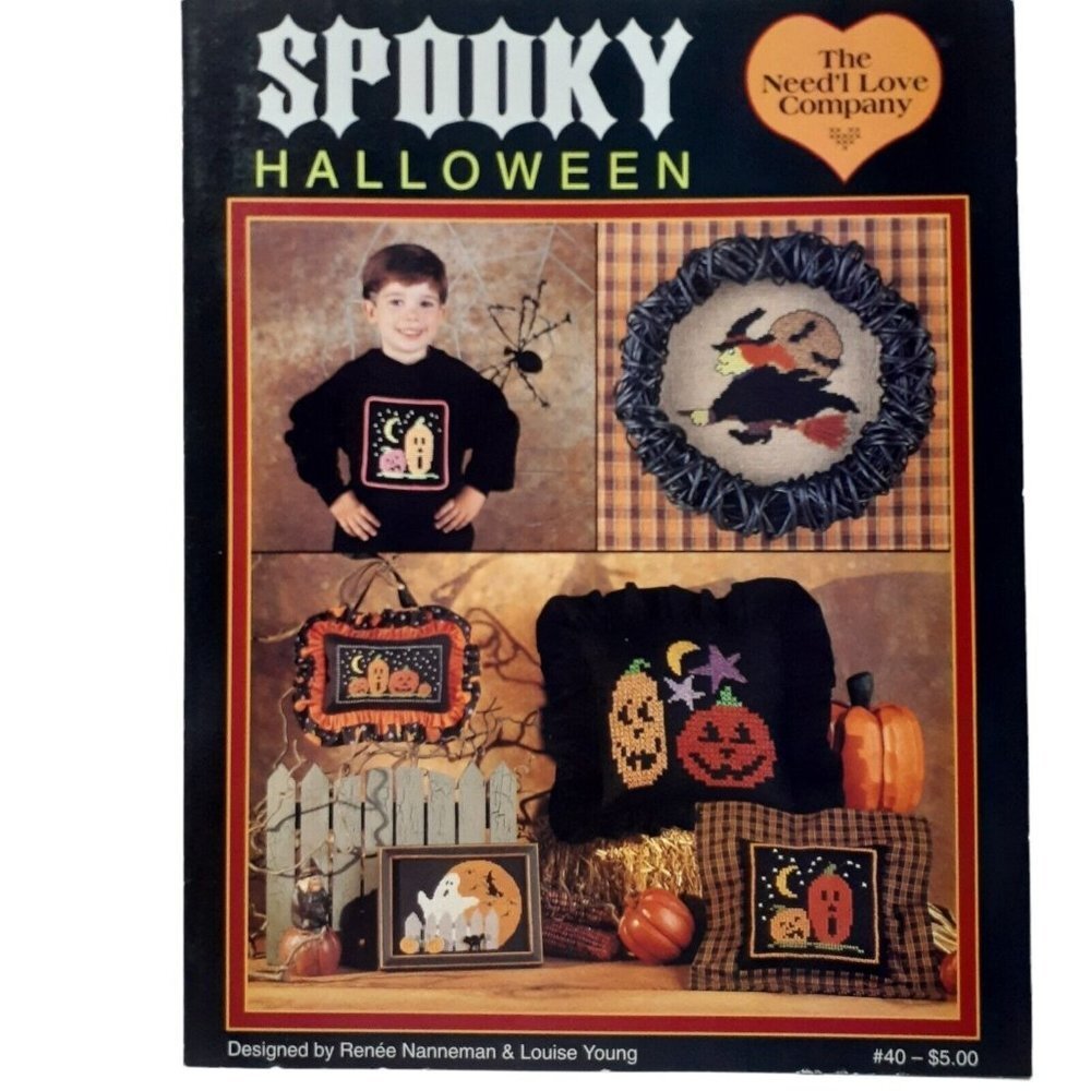 Vtg Cross Stitch Pamphlet Spooky Halloween Pumpkin Witch Ghost Jack O Lantern
